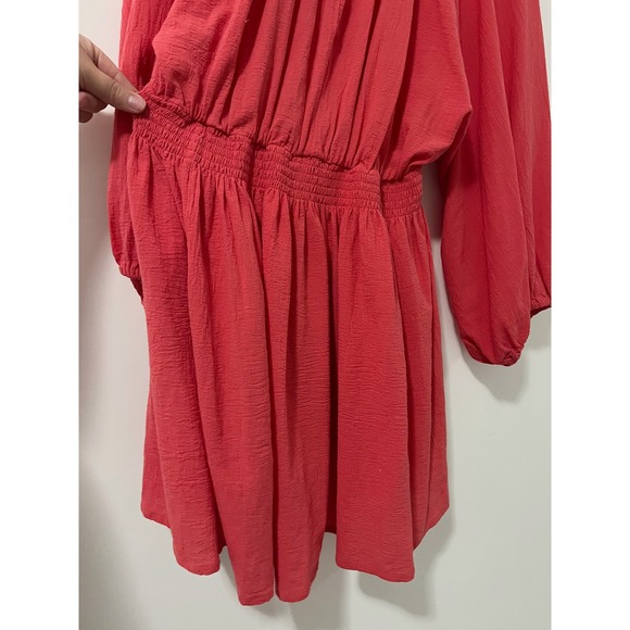Free People Coral Gauze Smocked V Neck Balloon Sleeve Mini Dress Size L - Picture 8 of 9